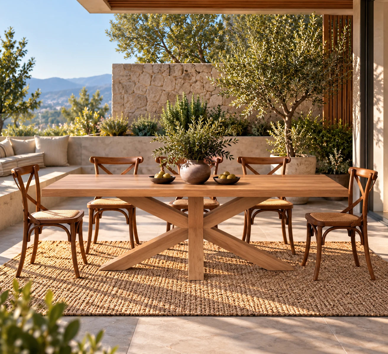 Comedor de terraza María en lenga natural con 8 sillas Cruzeta café